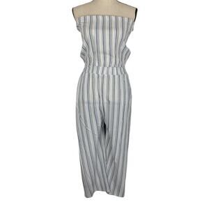 IVY & MAIN Strapless Jumpsuit Stripe White Denim Blue Crop Womens Sz Sm Pockets